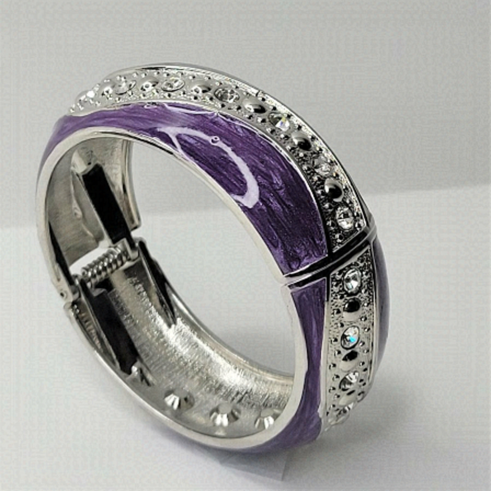 PURPLE Enamel Wide Hinged Cuff Bangle Crystal Rhinestone Bracelet